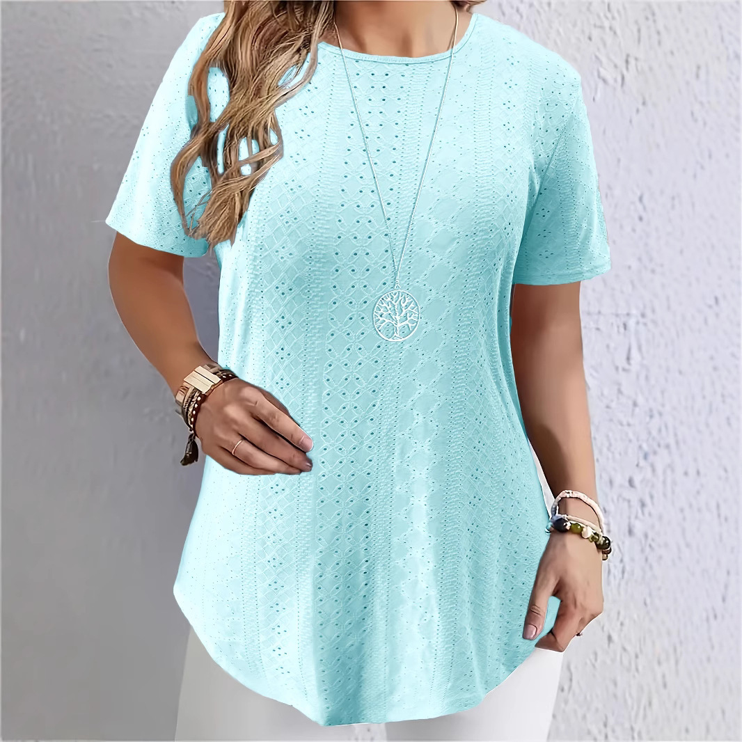 Elegant Printed Solid Color Back Button Short Sleeve T-Shirt