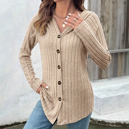 Button Waist Long Sleeve Hooded Top