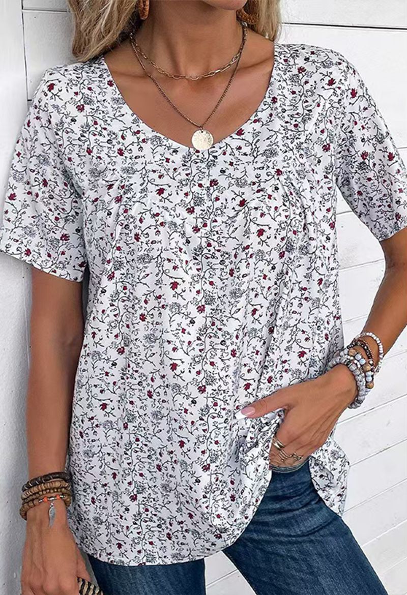 Elegant Floral Print V-Neck Short Sleeve Women's Top