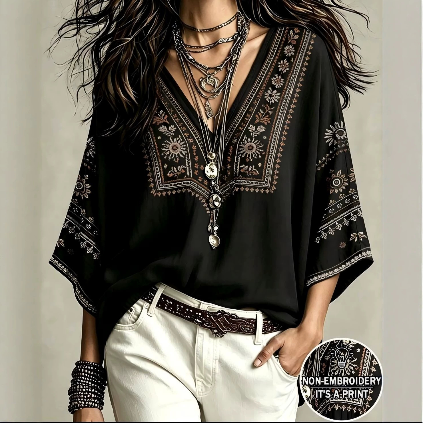 Women's Loose V-Neck Geometric Print Casual Shirt