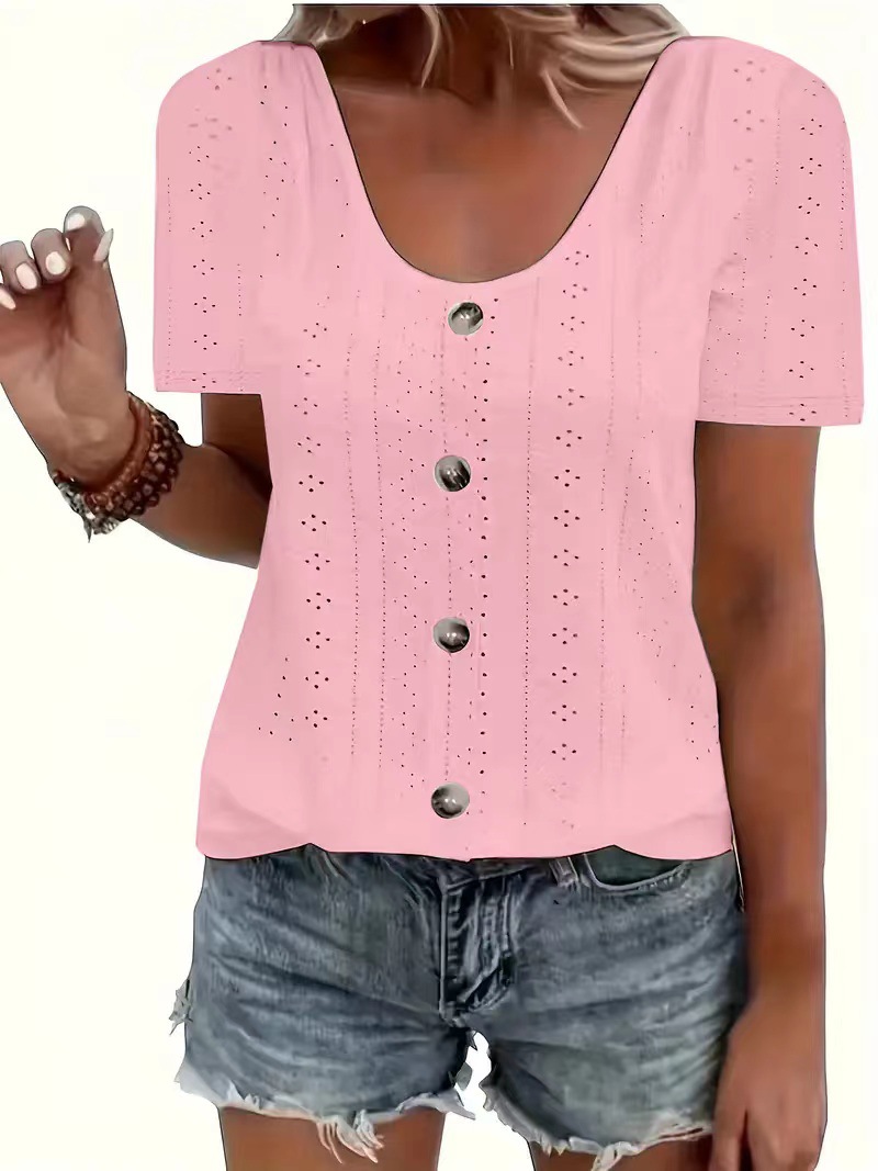 Crewneck Loose Single-Breasted Jacquard Short-Sleeve T-Shirt