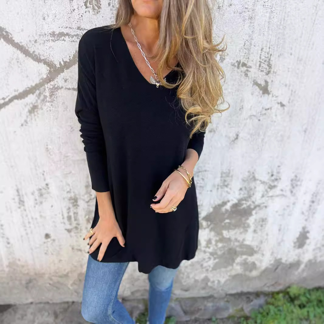 Women's Solid V-Neck Knit Sweater Loose Fit Long Sleeve Top
