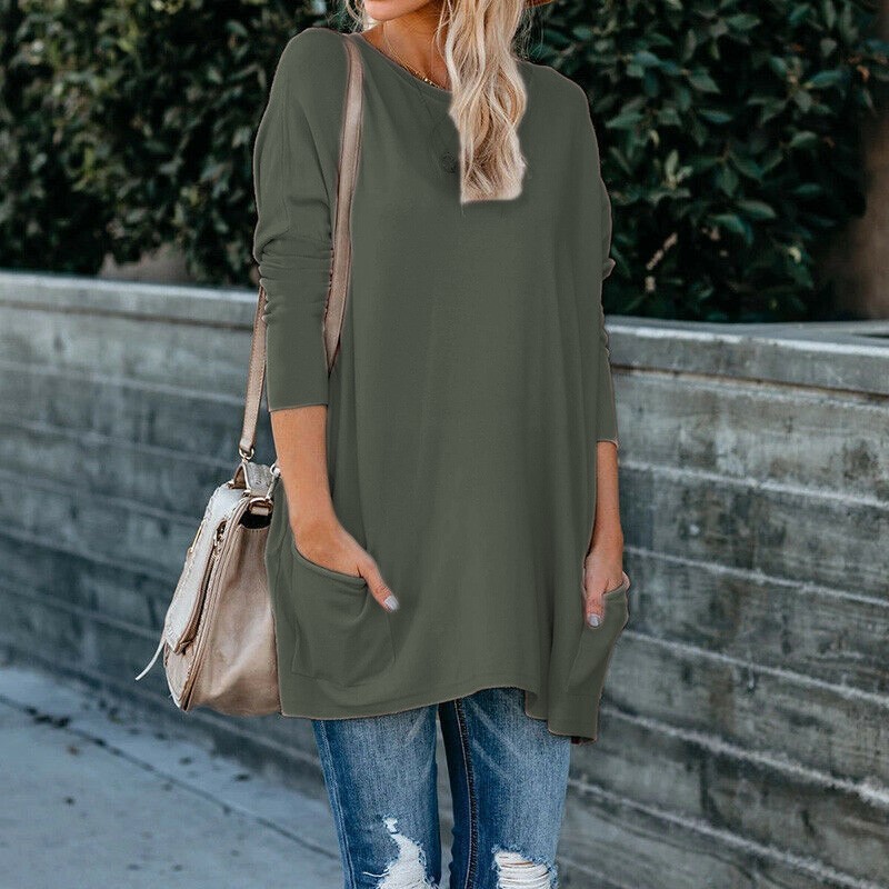 Women's Crewneck Long-Sleeve Pocket T-Shirt Plus Size