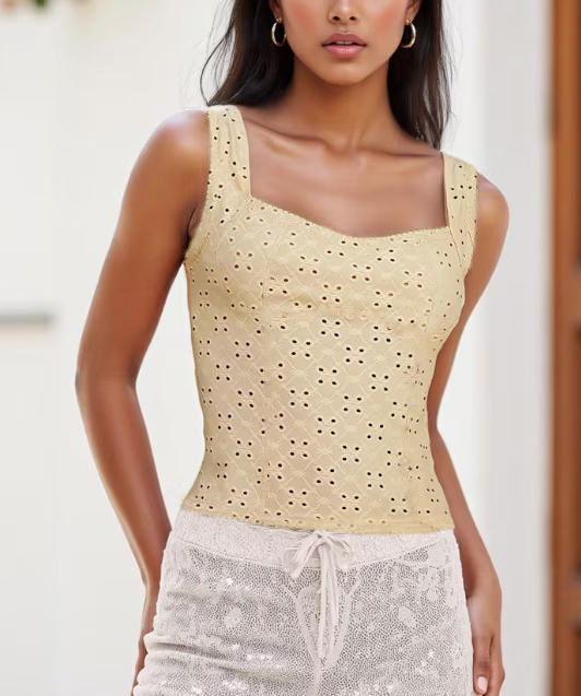 Solid Embroidered Cutout Jacquard Slim Fit Tank Top Women's Beach Casual