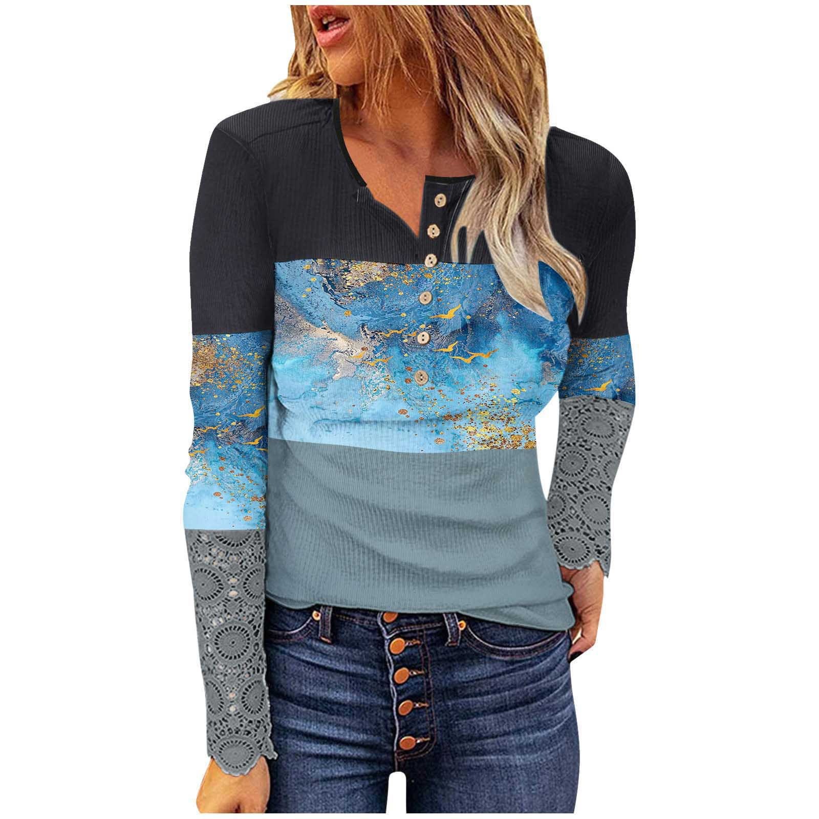 Lace Spliced Long Sleeve Ribbed Slim Fit Button Print Women's T-Shirt