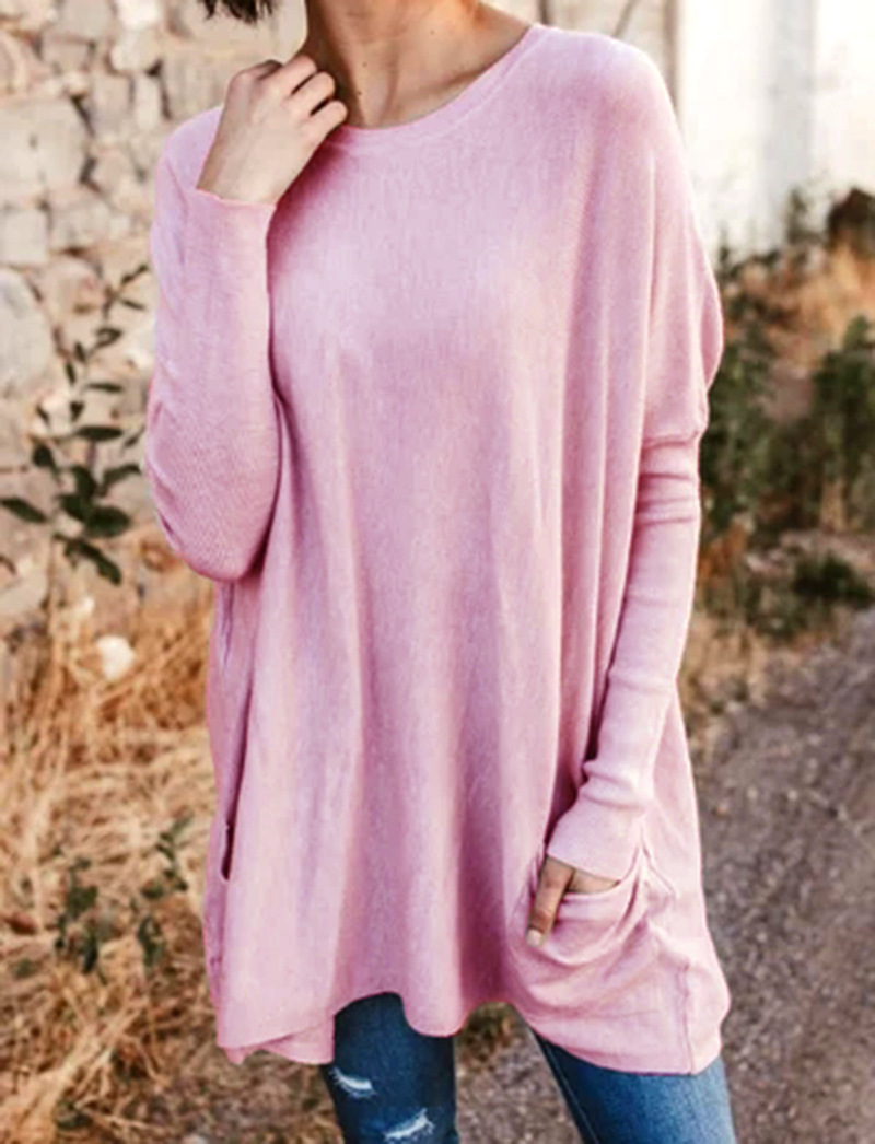 Women's Loose Fit Crewneck Long Sleeve Pocket T-Shirt