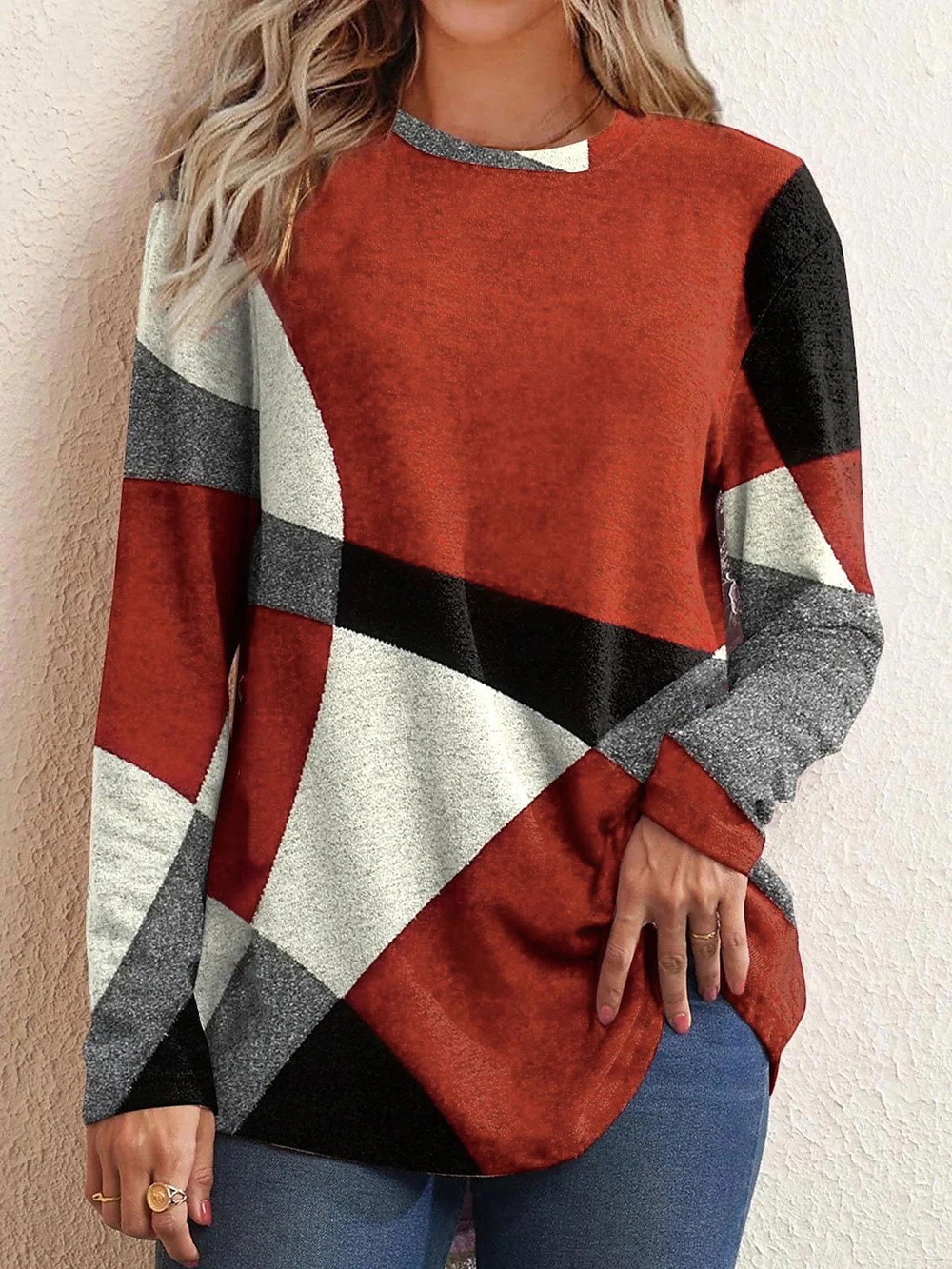 Women's Geometric Colorblock Long Sleeve Crewneck Loose Plus Size T-Shirt