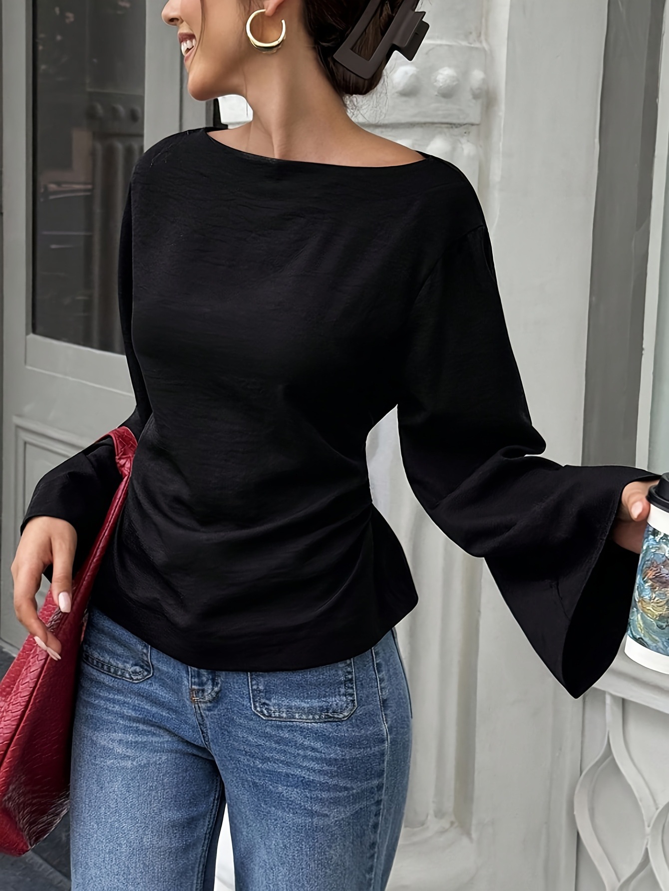 Solid Color Boat Neck Cinched Waist Flared Sleeve Top