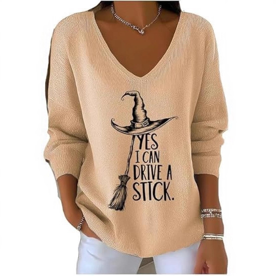 Halloween Witch Hat Broom Letter Print V-Neck Long-Sleeve T-Shirt