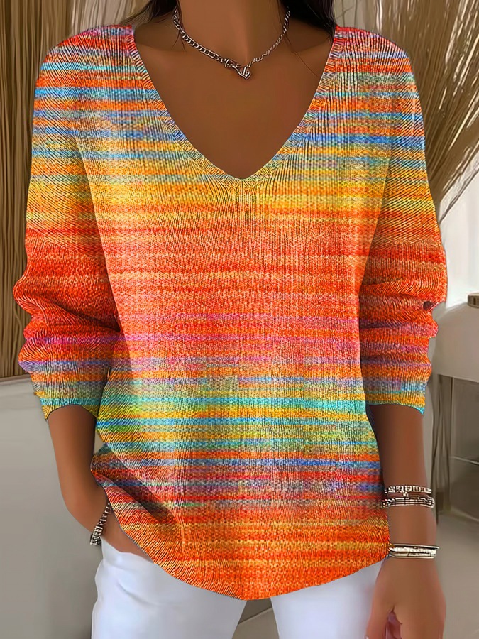 Colorful Leaf Striped V-Neck Long-Sleeve T-Shirt for Women