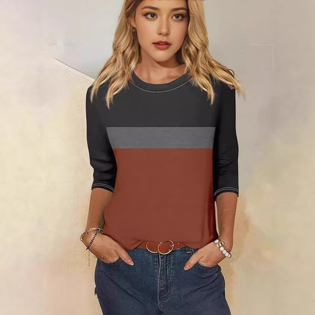Women's Colorblock Houndstooth 3/4 Sleeve Crewneck T-Shirt