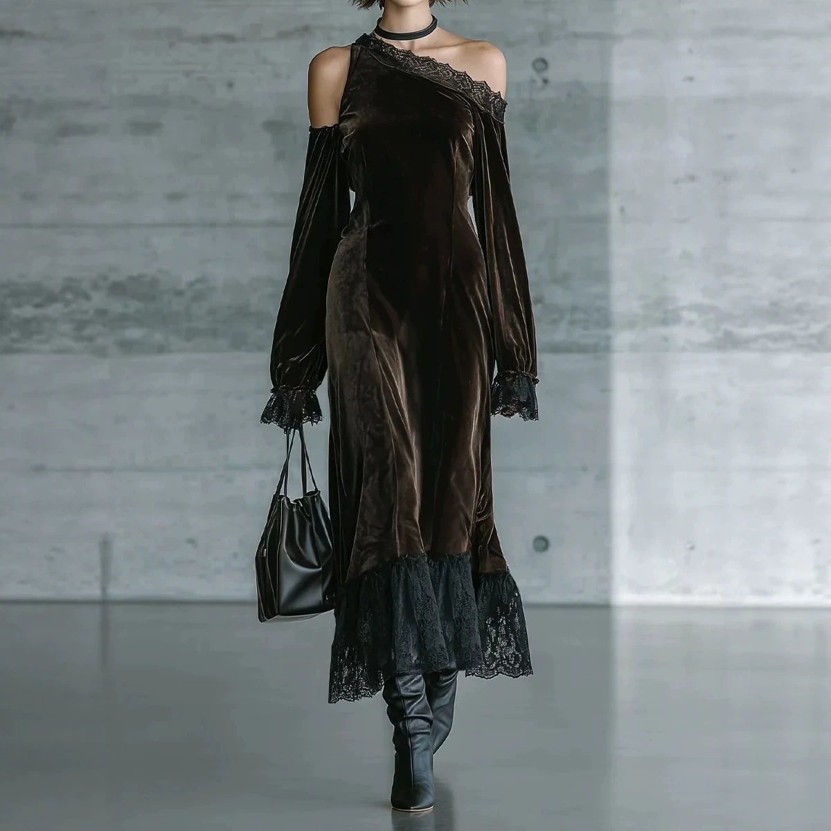 Velvet One-Shoulder Lace Panel Lantern Sleeve Midi Dress