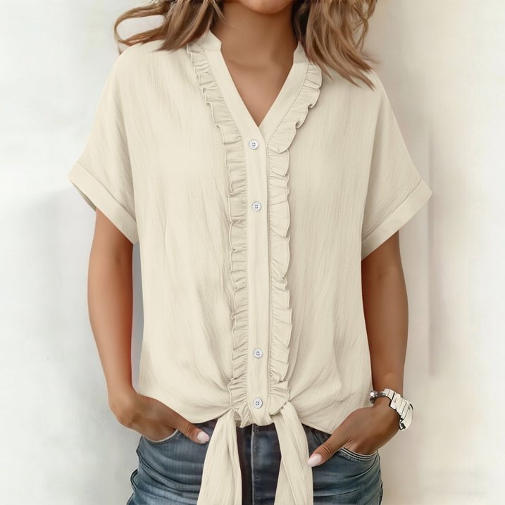 Women's Solid Color Short Sleeve Blouse T-Shirt Casual Loose Fit V-Neck