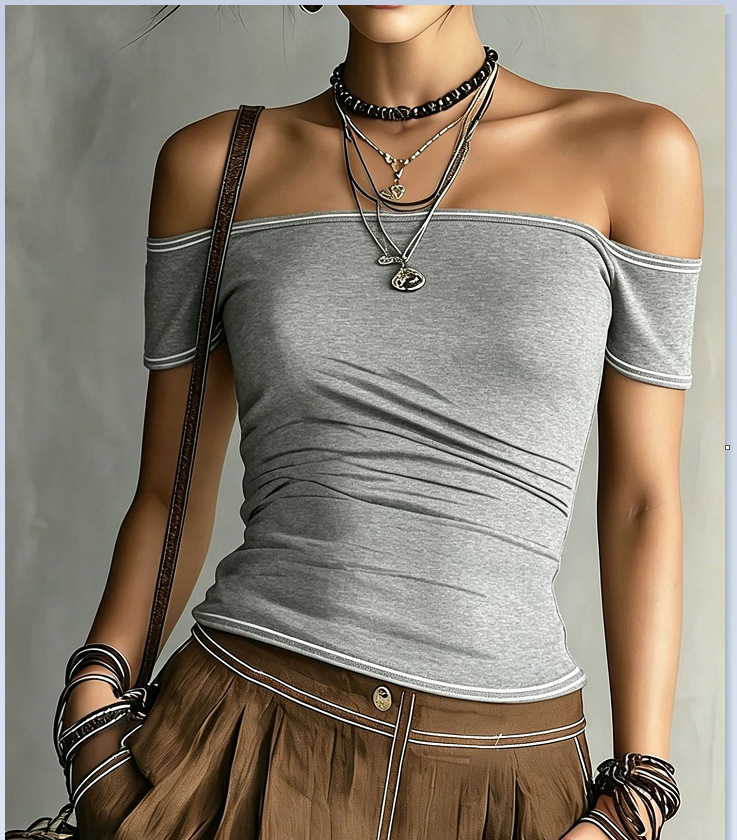 Women's Off-Shoulder One-Line Neck Crop Top Short Sleeve T-Shirt
