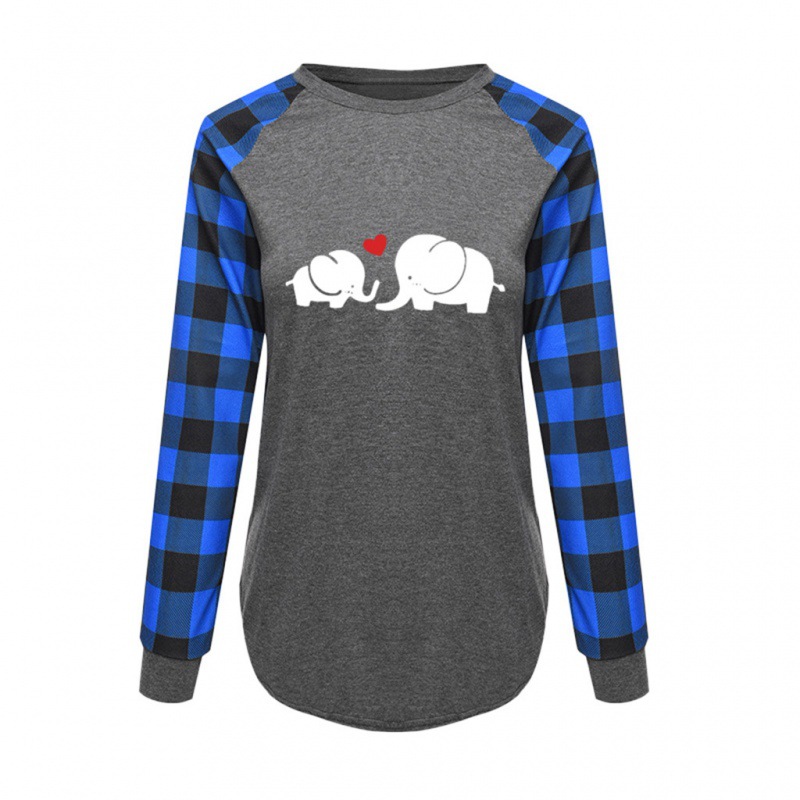 2024 Summer New Cross-Border European and American Women's Clothing Cross-Border European and American Spring and Autumn Plaid Print Round Neck Long Sleeve Top T-Shirt