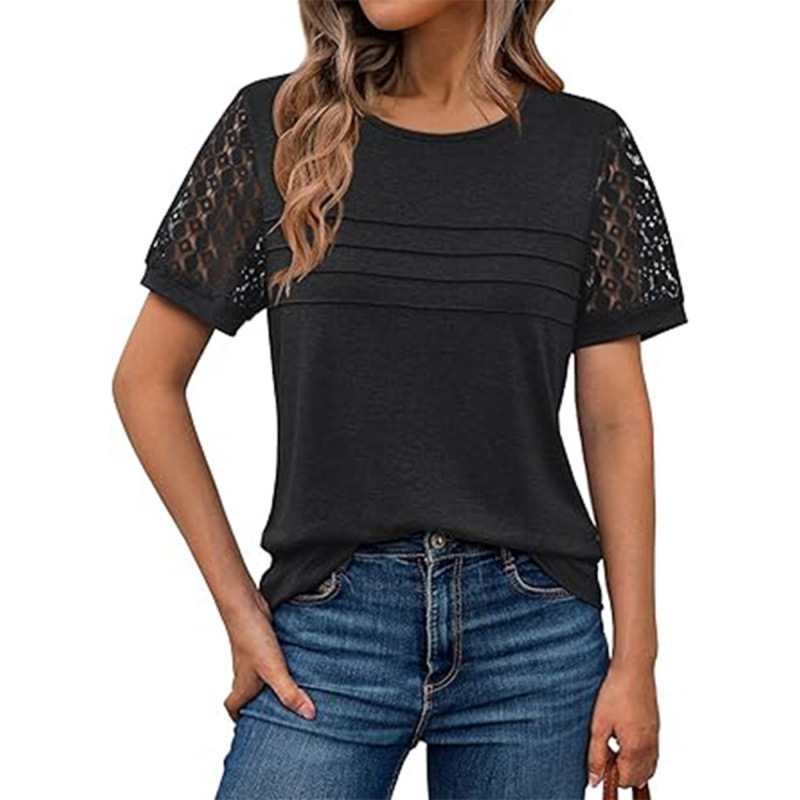 Women's Hollow-Out Round Neck Short Sleeve Lace Panel Loose T-Shirt