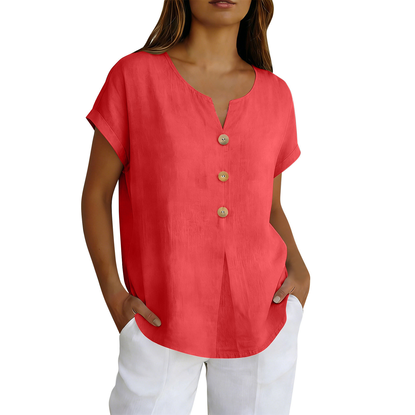 Women's Solid Color Cotton-Linen Short Sleeve V-Neck Loose Fit Top