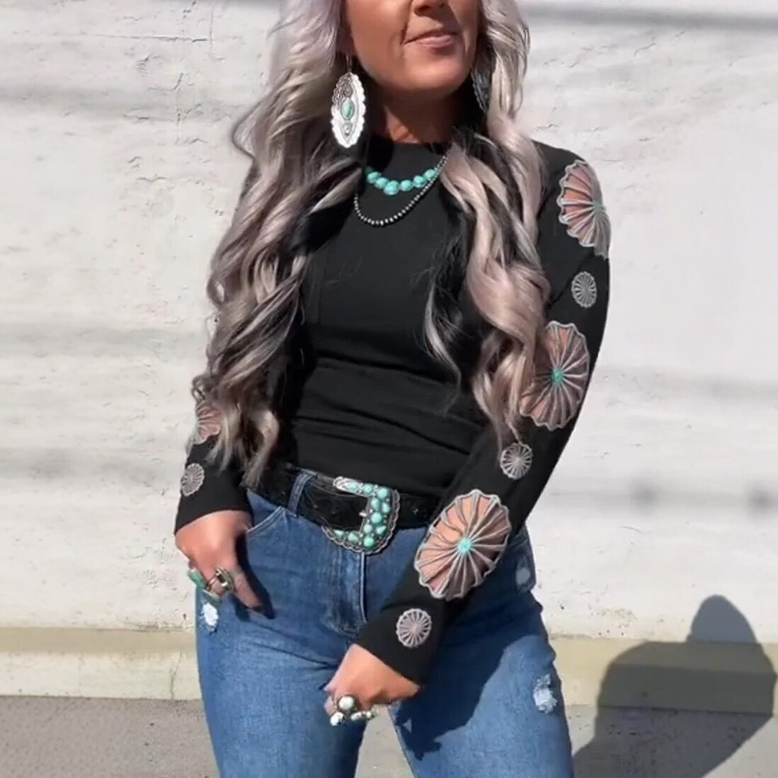 Women's Embroidered Cutout Crewneck Long Sleeve Top