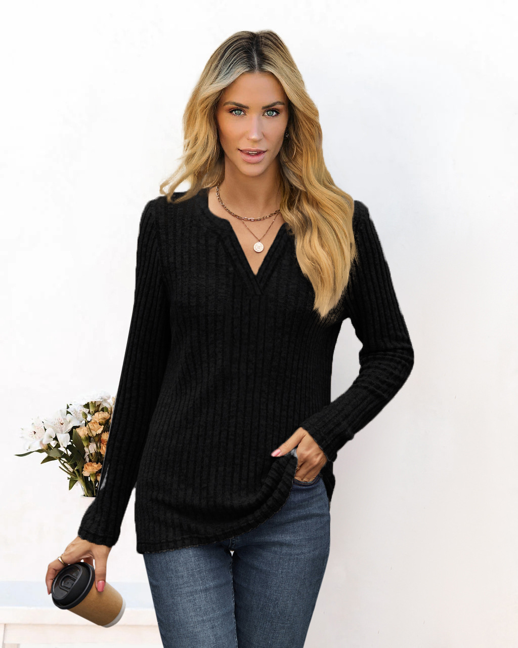 Women's Solid V-Neck Loose Long-Sleeve T-Shirt