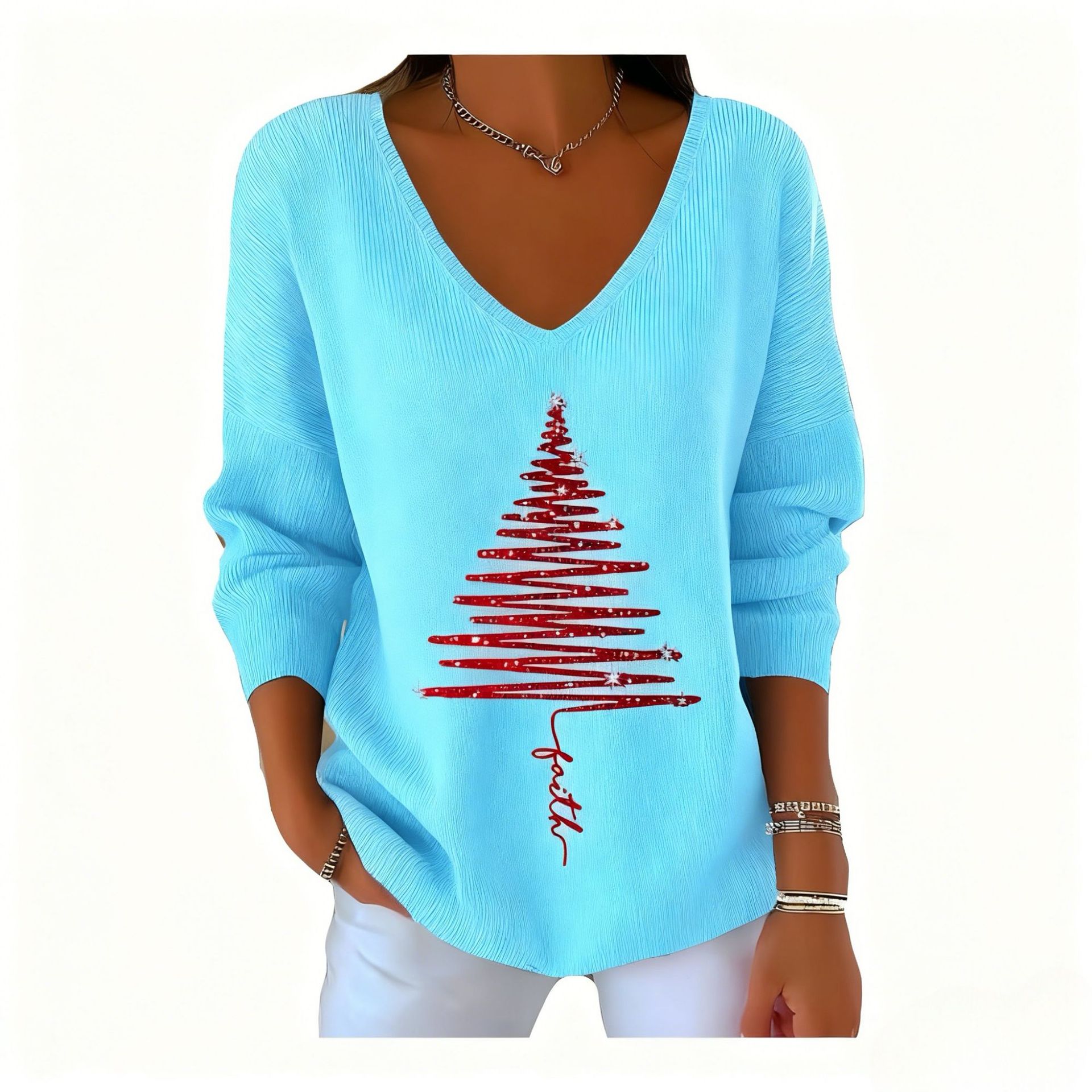 Women's V-Neck Long Sleeve Book & Christmas Tree Print T-Shirt