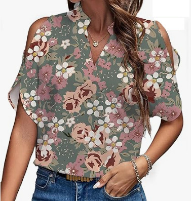 Floral V-Neck Cold-Shoulder Blouse