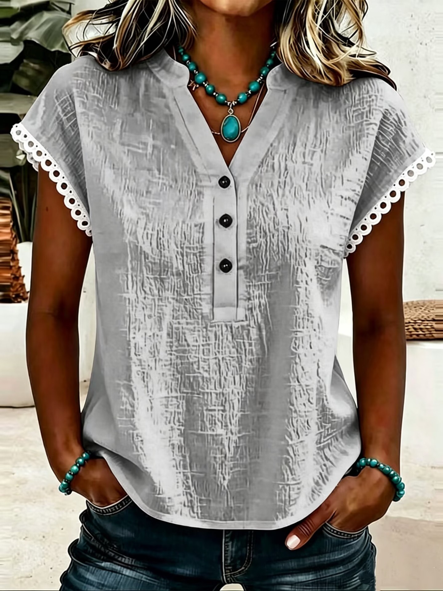 V-Neck Button Lace Trim Batwing Short Sleeve Solid T-Shirt