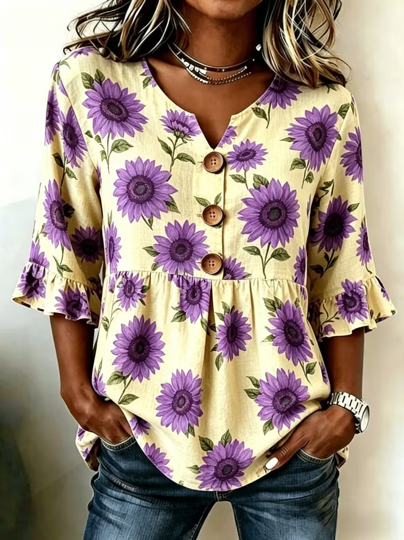 Floral Print Half-Sleeve Button-Up Top