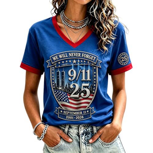 Twin Towers Anniversary Print V-Neck Short Sleeve Women's T-Shirt