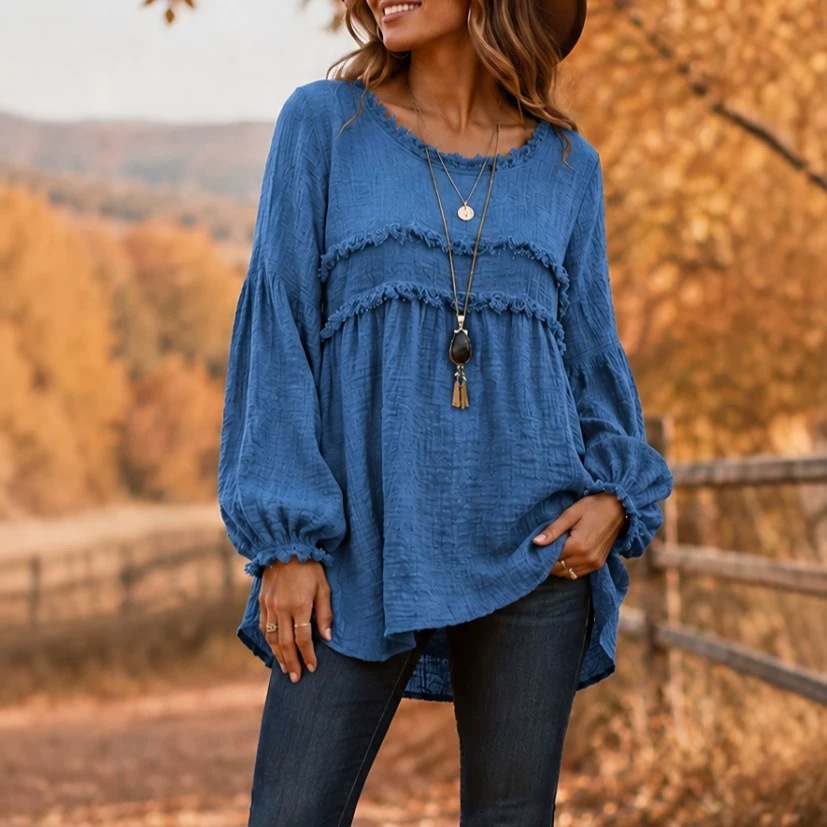 Women's Casual Patchwork Tassel Lace Trim Long Sleeve Top