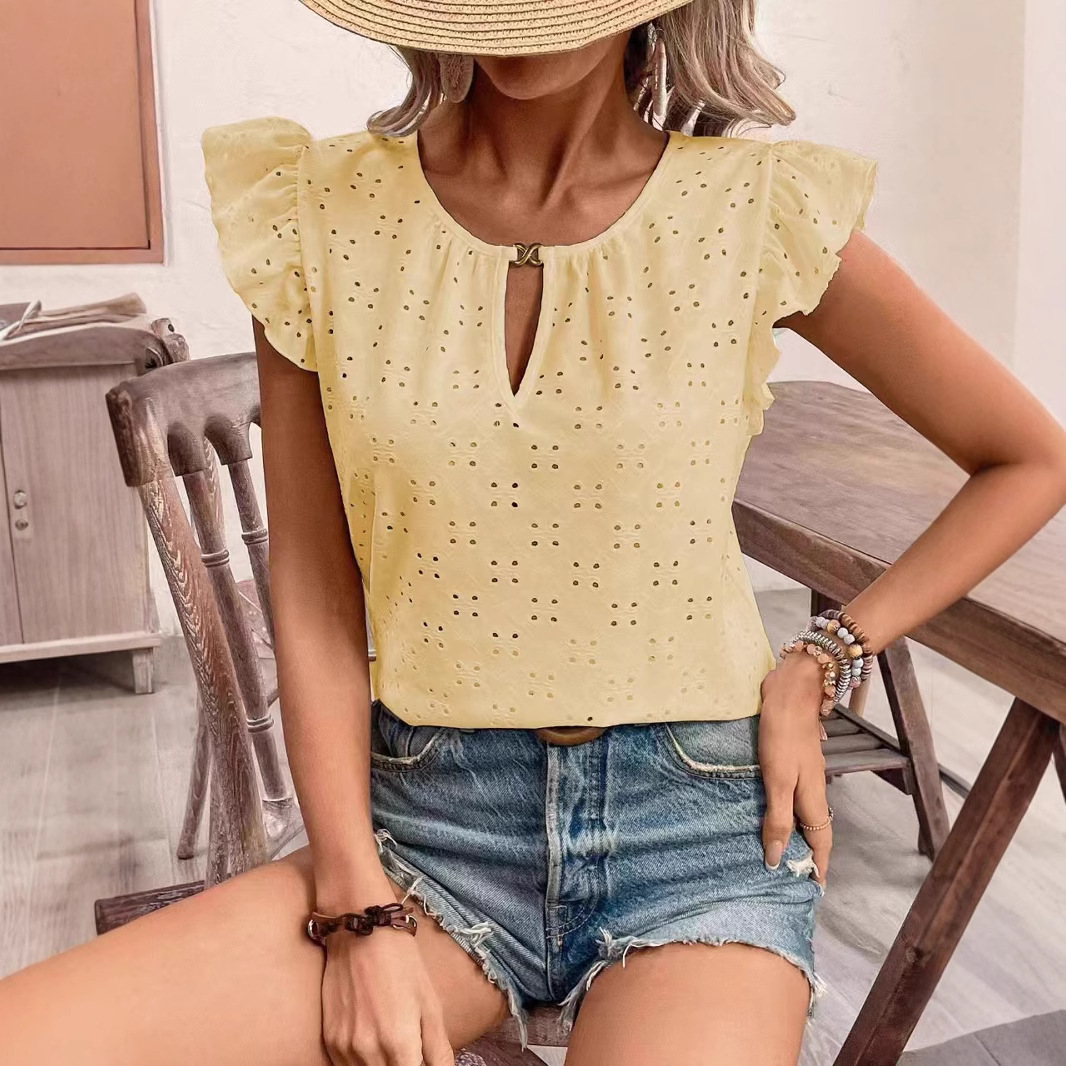 Jacquard V-Neck Ruffle Sleeve Short Sleeve T-Shirt