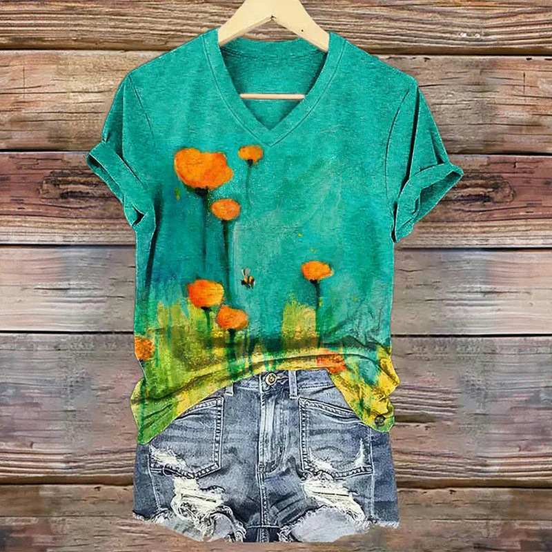 Women's Dragonfly Floral Print V-Neck Short Sleeve T-Shirt