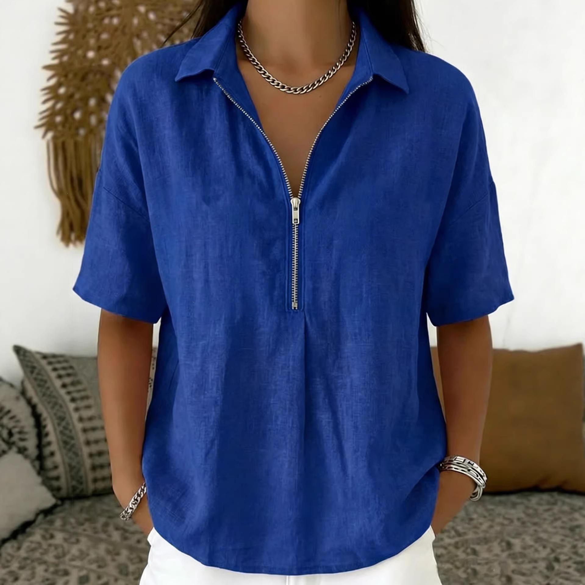 Women's Solid Color Zip Short Sleeve Shirt