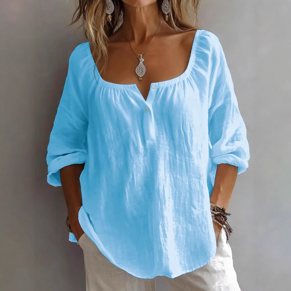 Women's Casual V-Neck Long Sleeve Loose Solid Pullover T-Shirt