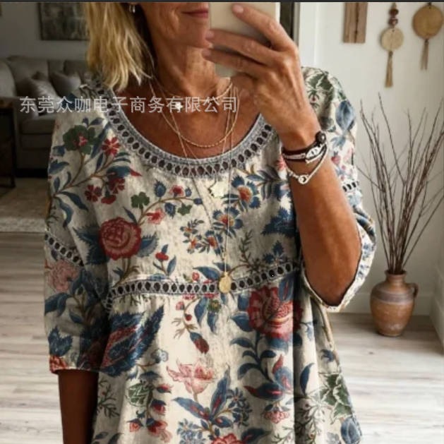3D Floral Print Crewneck Half-Sleeve Ruched Top