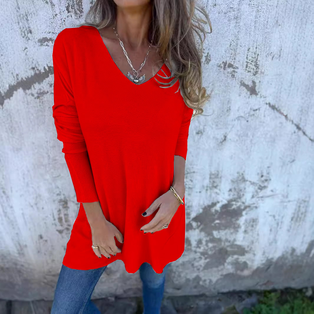 Women's Solid V-Neck Knit Sweater Loose Fit Long Sleeve Top