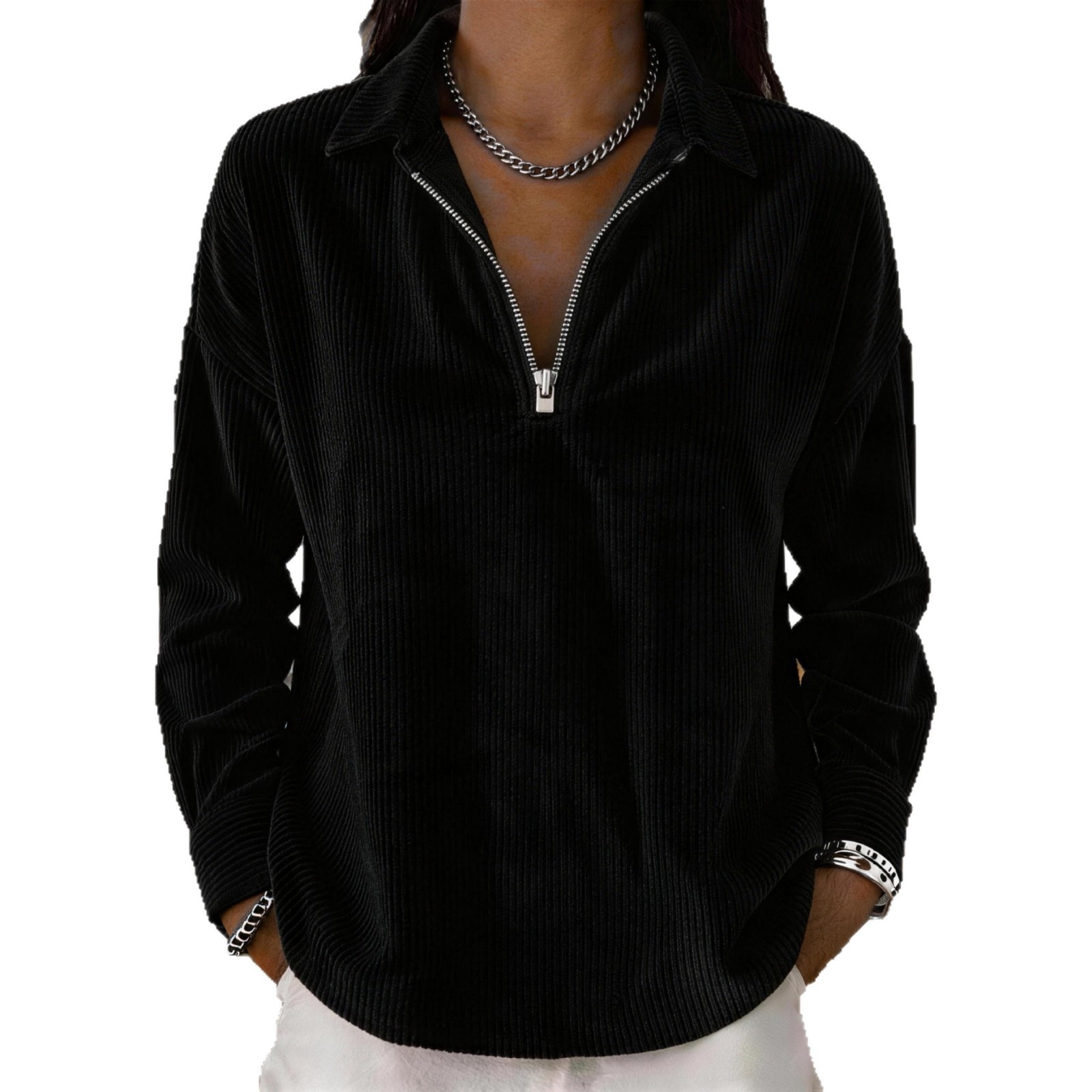 Corduroy Long-Sleeve Loose Collared Top