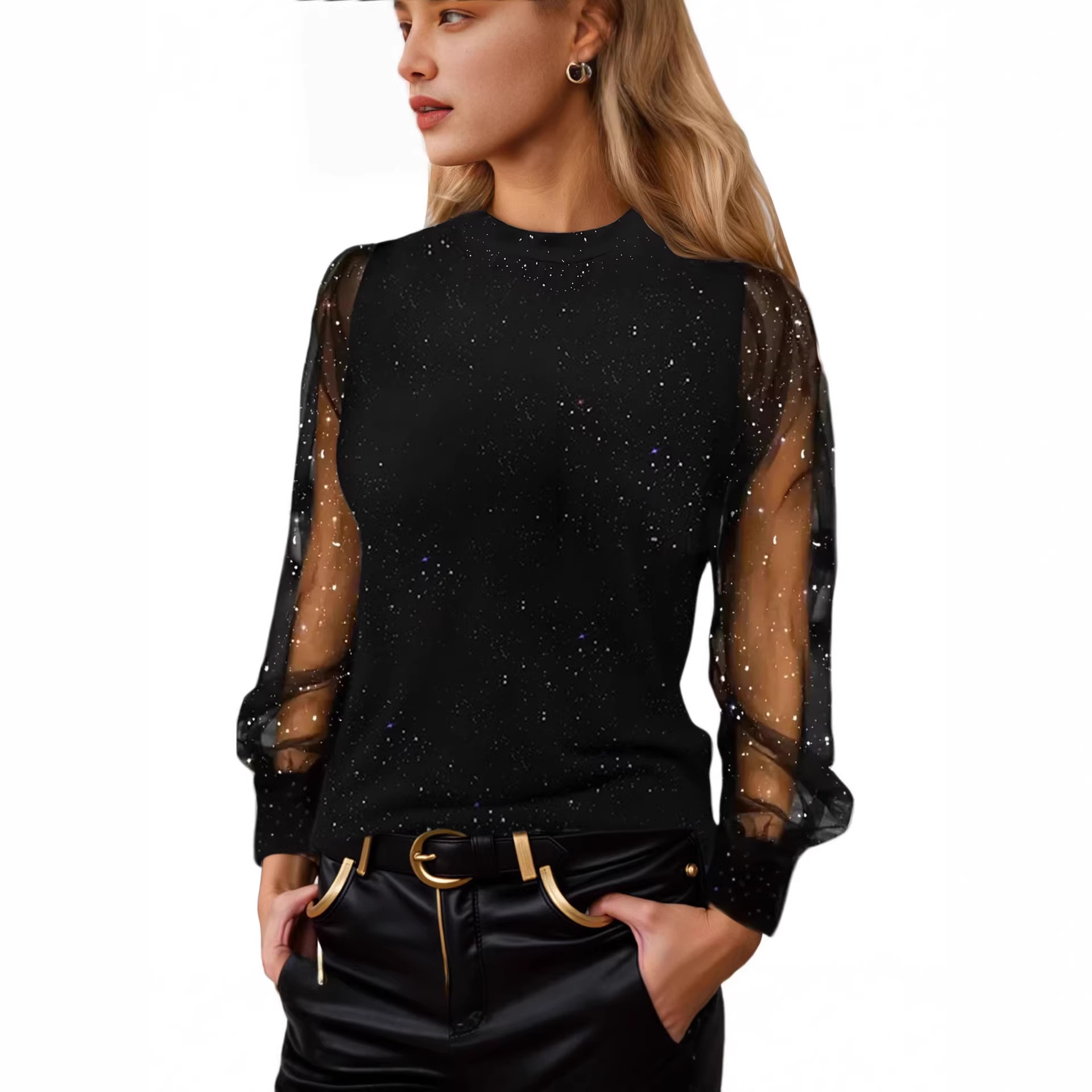 Women's Loose Crewneck Long Sleeve T-Shirt with Lace Mesh Splice