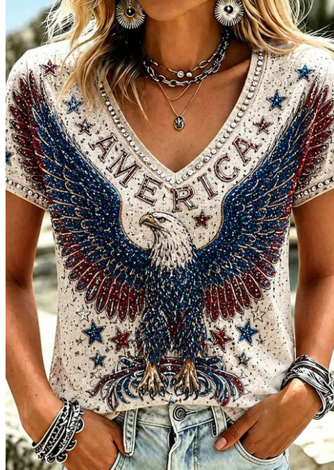 USA Flag 3D Print V-Neck Short Sleeve Women's T-Shirt