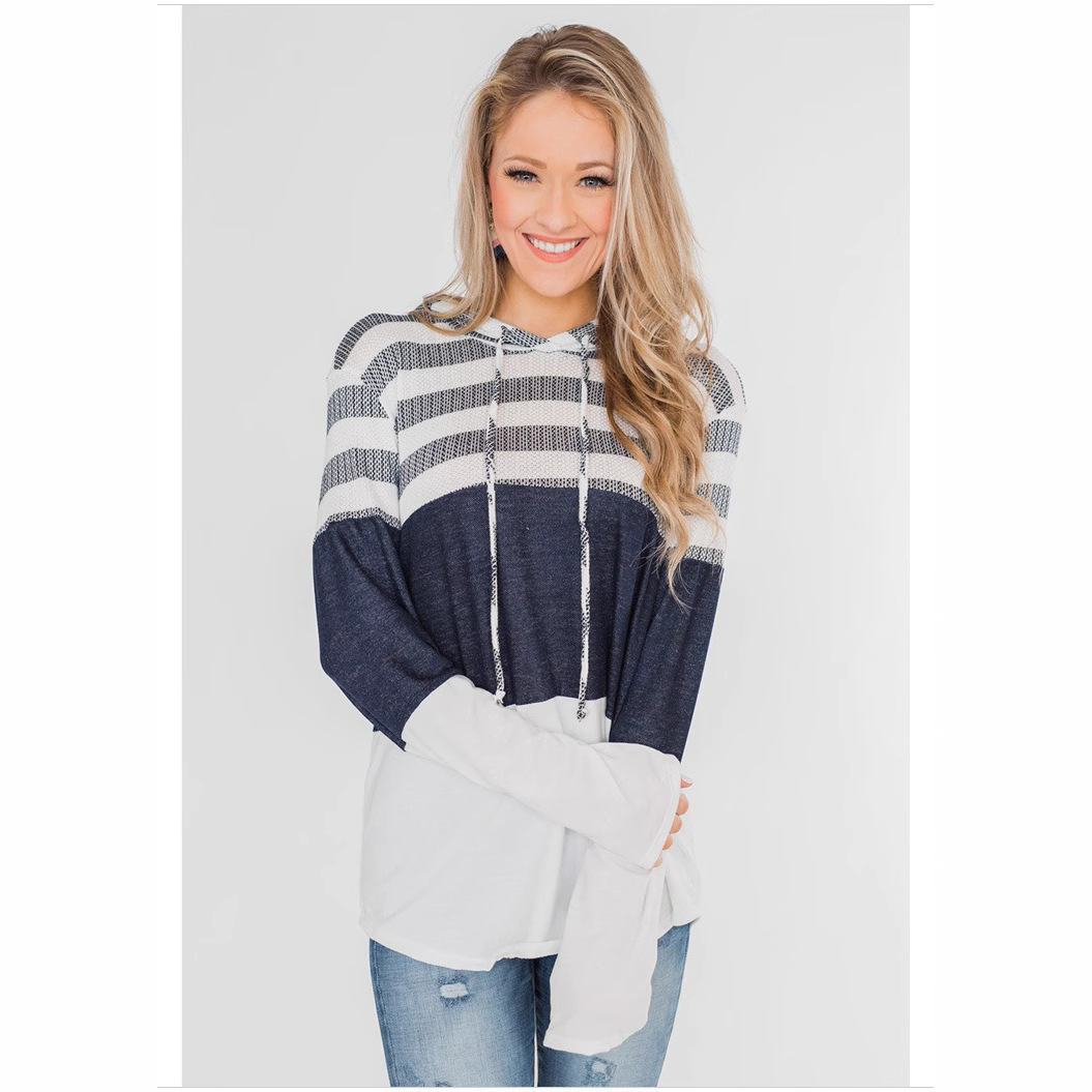 Women's Loose Color-Block Hooded Pullover Sweatshirt Long Sleeve