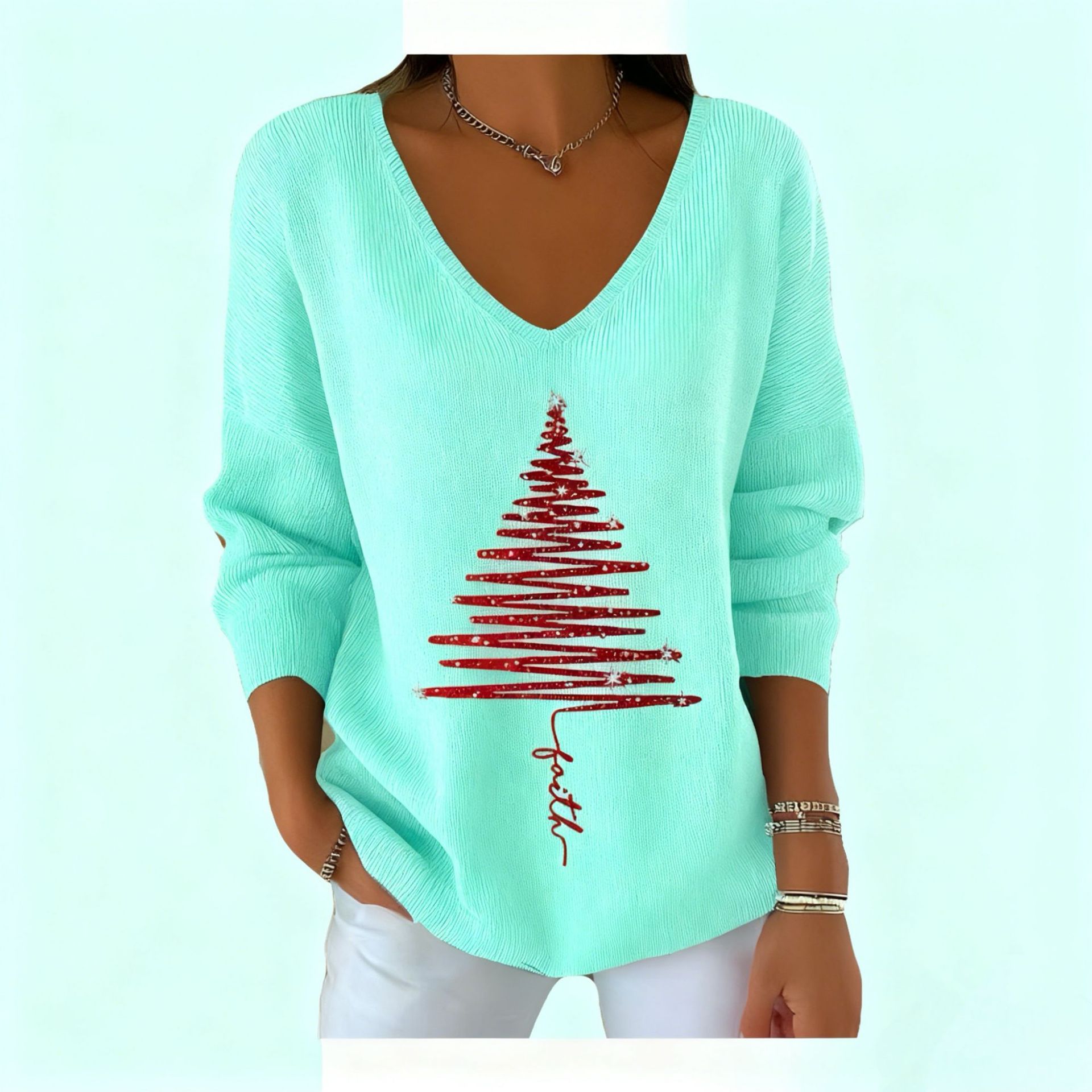 Women's V-Neck Long Sleeve Book & Christmas Tree Print T-Shirt