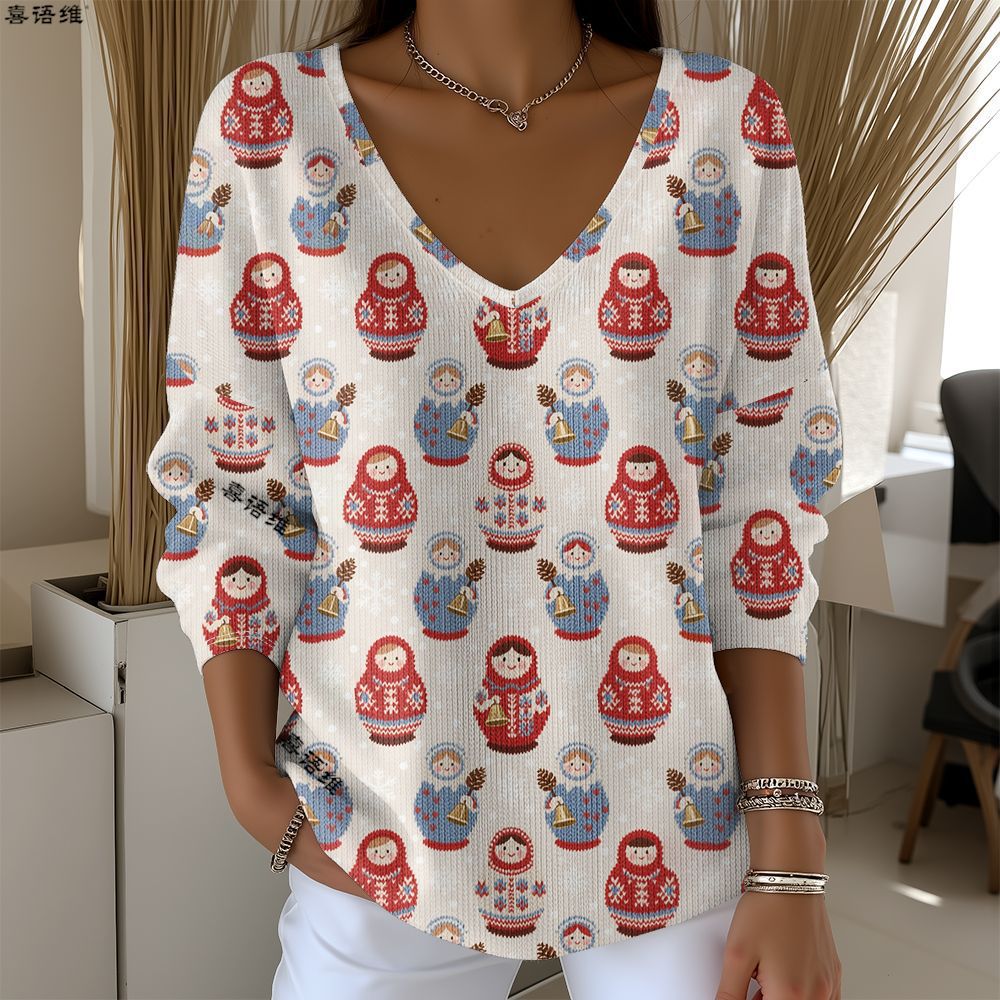 Christmas Snowman Reindeer Bow Print V-Neck Long Sleeve T-Shirt
