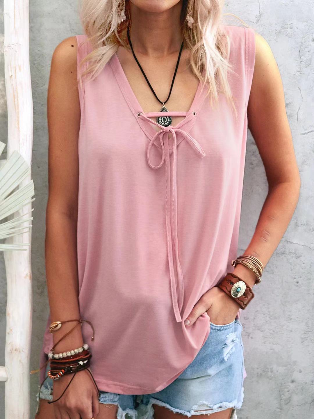 Solid V-Neck Lace-Up Sleeveless Tank Top for Women