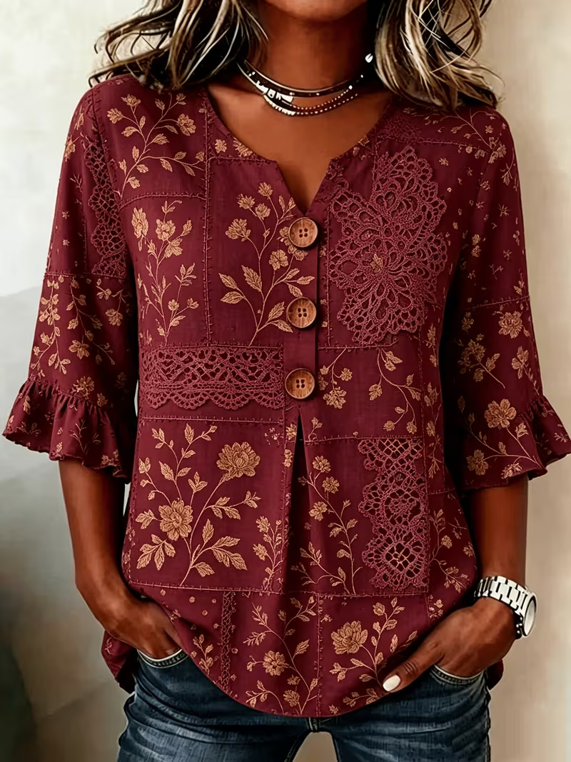 Retro Floral Print Short Sleeve Button-Up Top