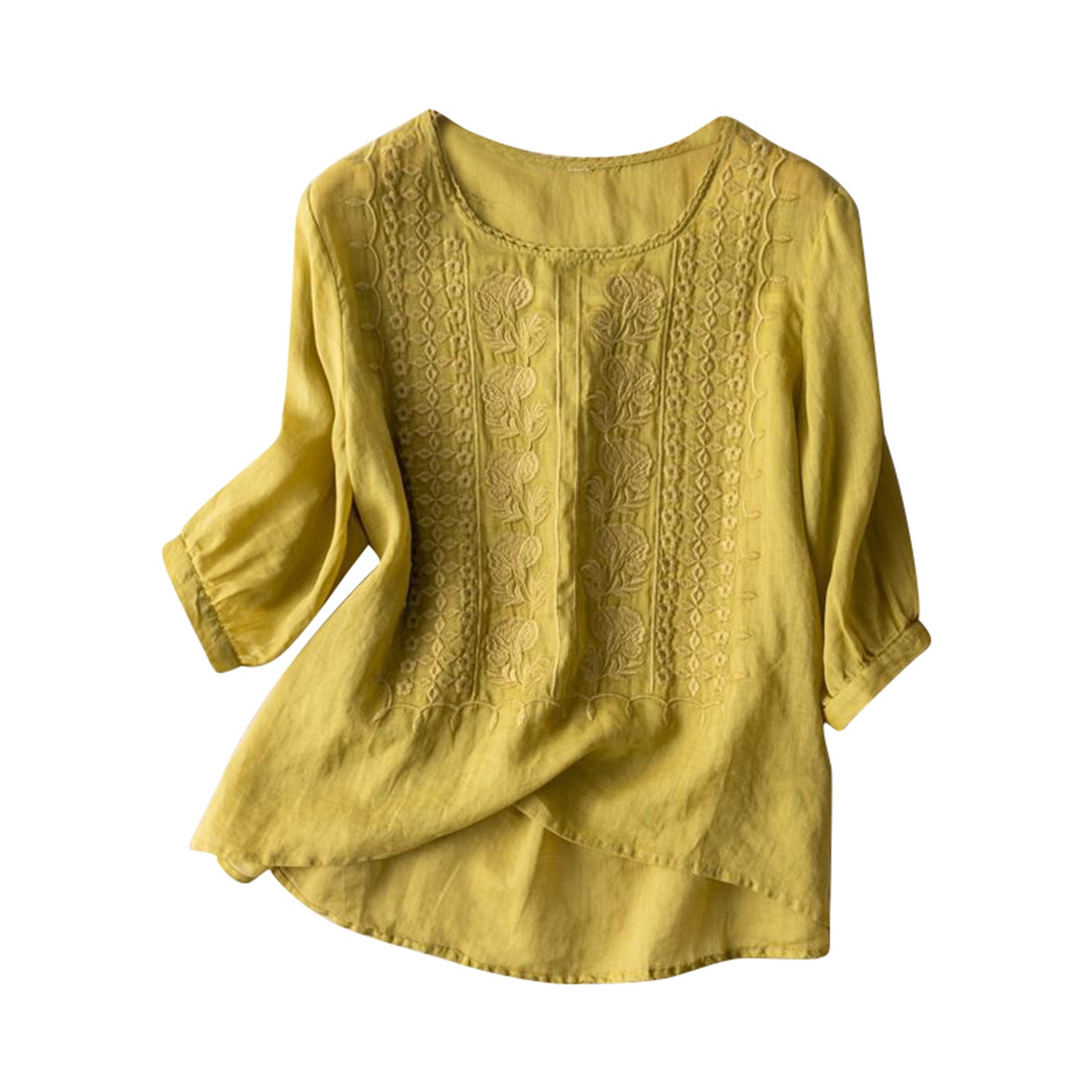Embroidered Loose Cotton-Linen T-Shirt Women's Retro Round Neck Short Sleeve