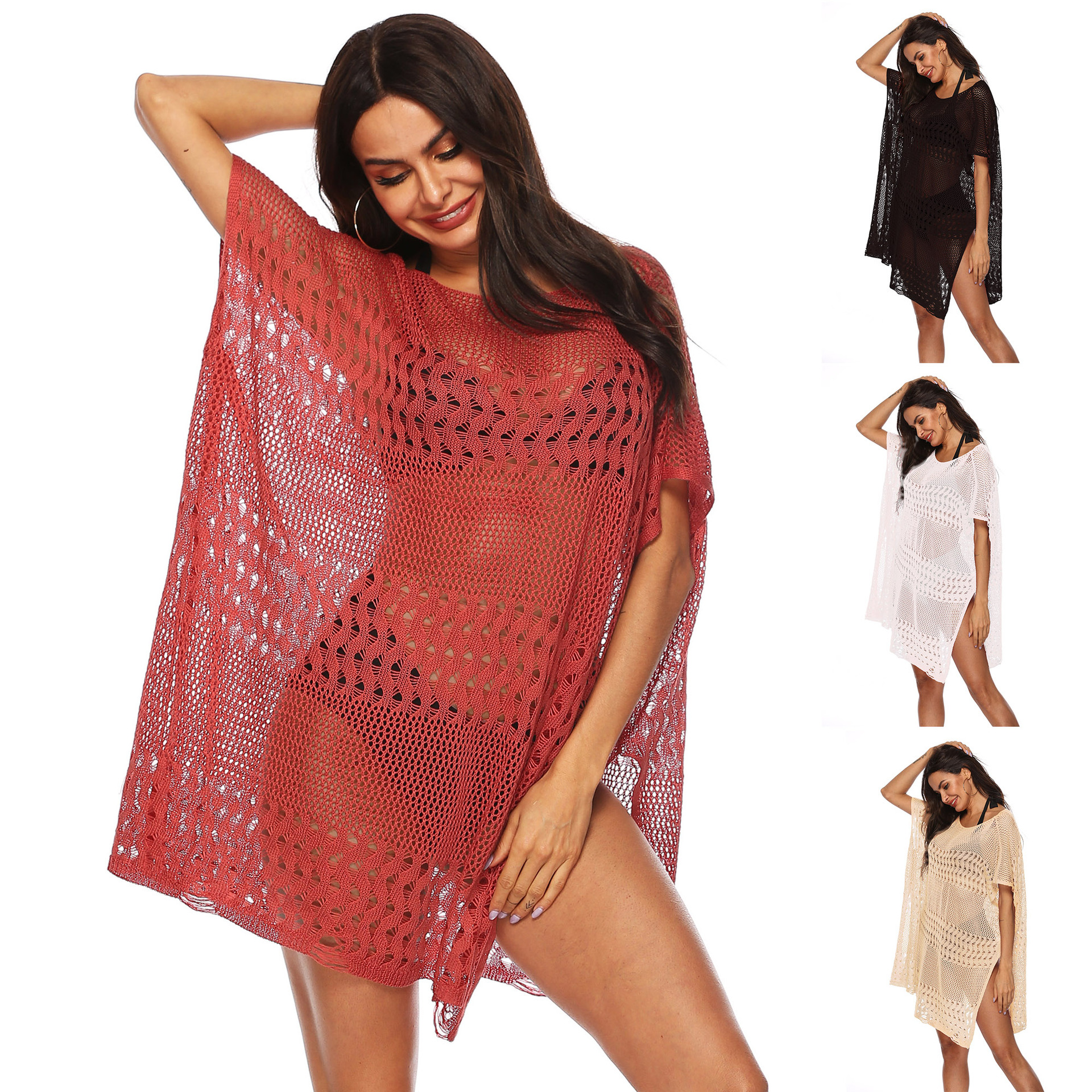 Women's Sheer Hollow-Out Knit Beach Cover-Up Dress