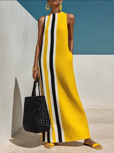 Women's Color-Block Vertical Striped Sleeveless Dress with Pockets