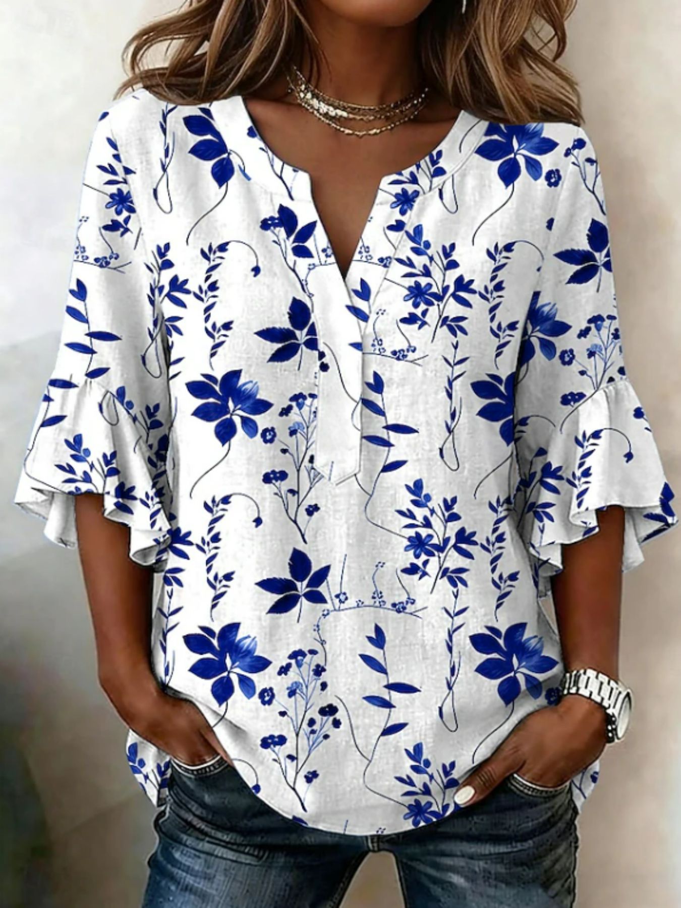 Floral Print Rolled Sleeve V-Neck Women's Top