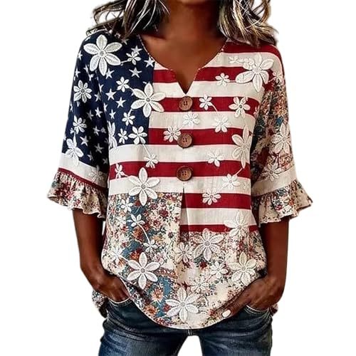 Summer American Firework Print Half-Sleeve Button Top