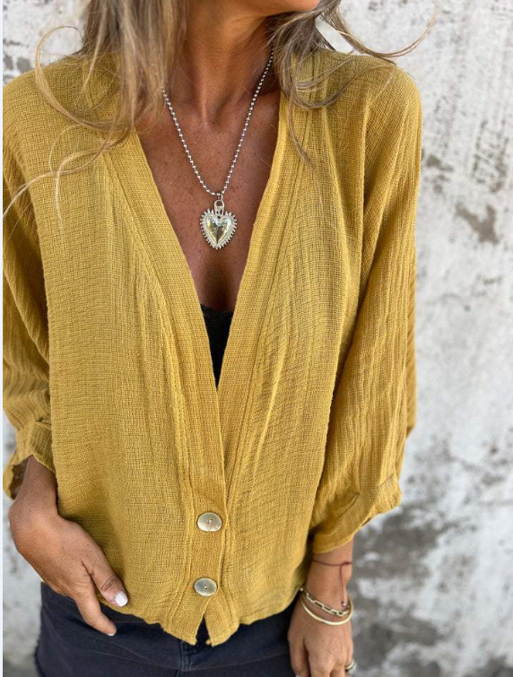 Women's Loose V-Neck Cotton-Linen T-Shirt Casual Long Sleeve
