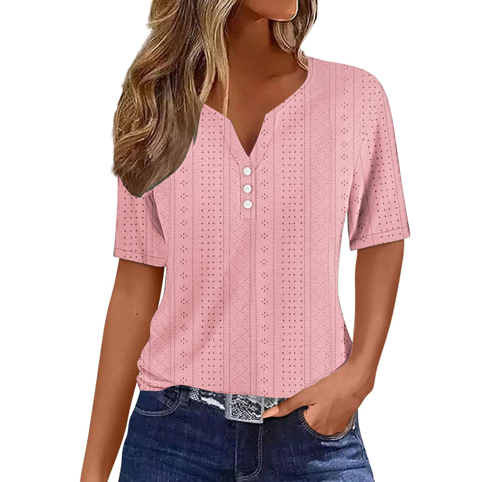 Women's Summer V-Neck Jacquard Hollow-Out Short-Sleeve Top